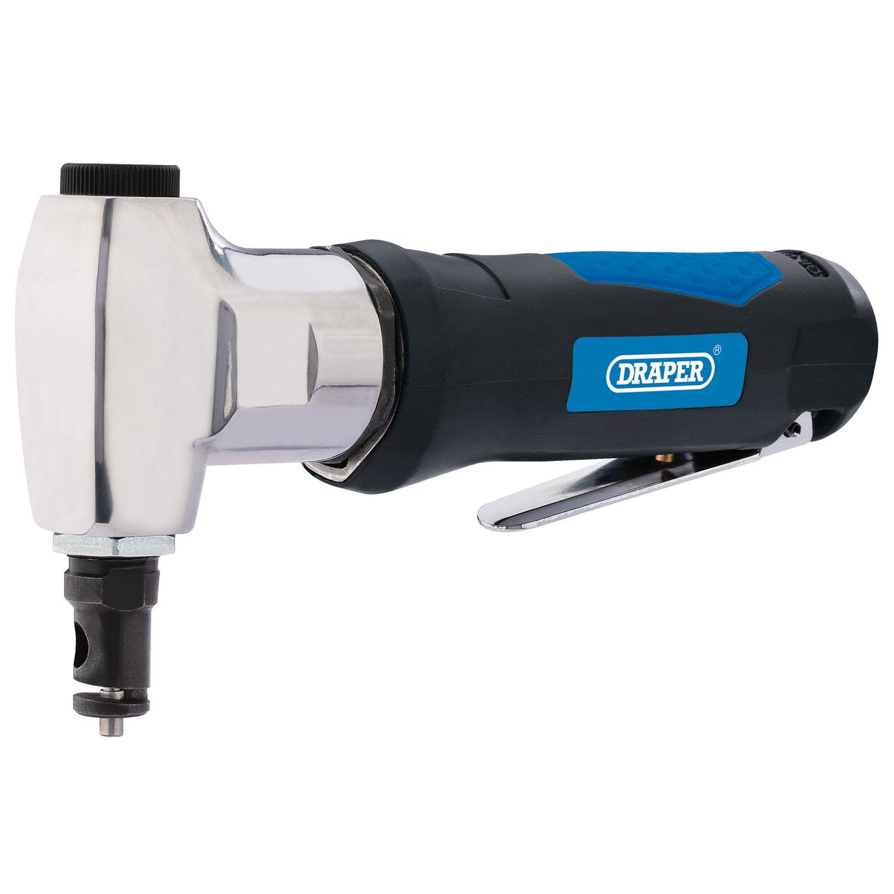 The Draper Air Nibbler - DAT-AN is a handheld pneumatic tool with a black and blue grip, an angled metal head, and a trigger mechanism for operation. This air nibbler features lightweight aluminum construction, making it ideal for precise sheet steel cutting.