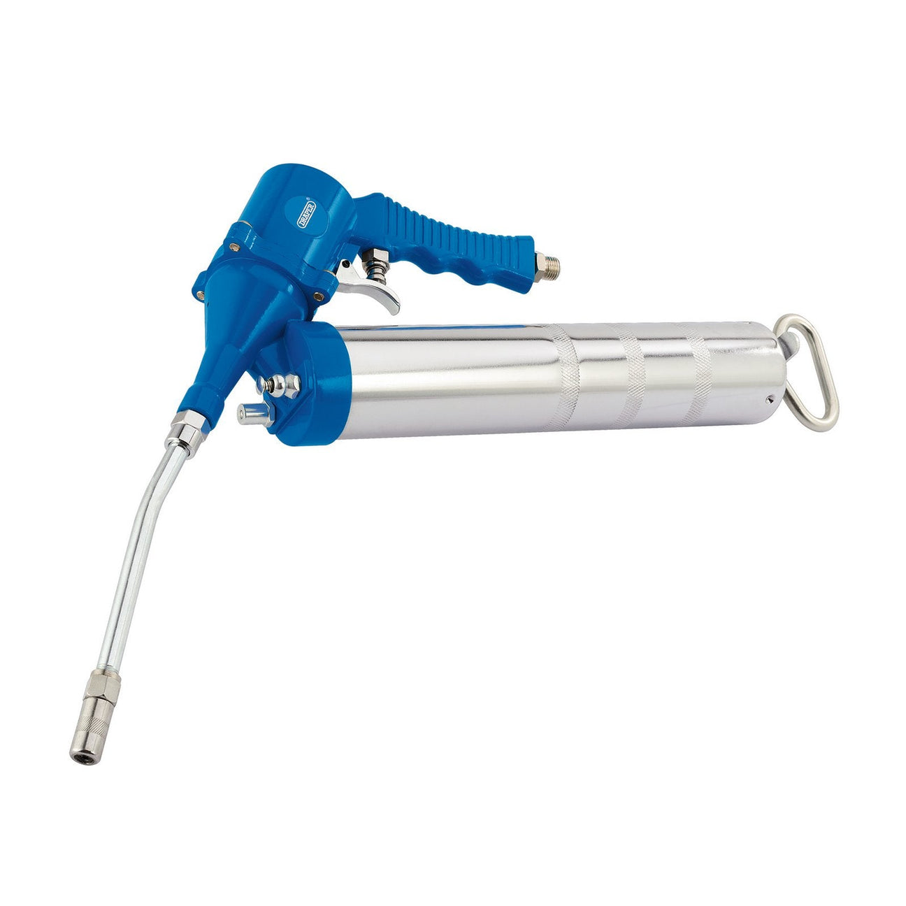 The Draper Air Grease Gun, 400Cc/14Oz - DAT-AGG by Draper is a blue and silver handheld grease gun featuring a lever handle and flexible hose nozzle, perfect for automotive applications.