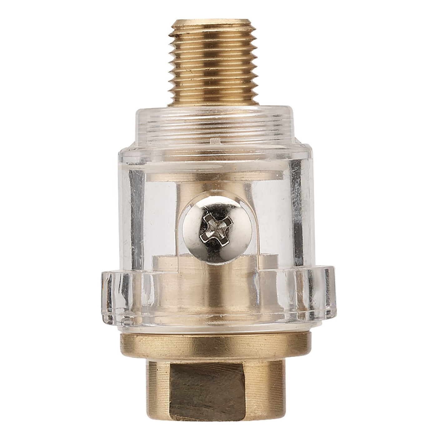 The Draper Air Mini Oiler - EAC features a clear plastic and brass fitting with a visible screw inside and a 1/4" BSP inlet for easy connection.