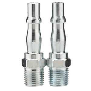 Two Draper 1/4" Male Screw Adaptors from a pack of two, each featuring BSP threaded bases and grooved cylindrical bodies, positioned upright and side-by-side against a white background.