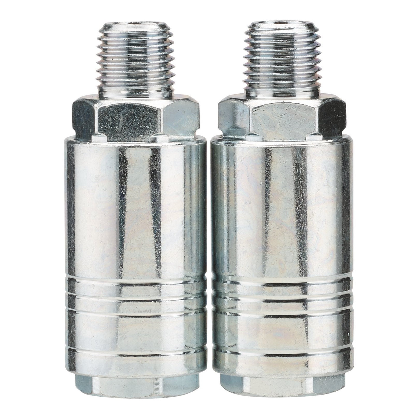 Two Draper 1/4" Male Quick Couplings from a pack of two are standing vertically side by side against a white background.