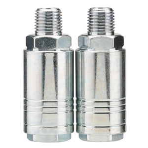 Two Draper 1/4" Male Quick Couplings from a pack of two are standing vertically side by side against a white background.