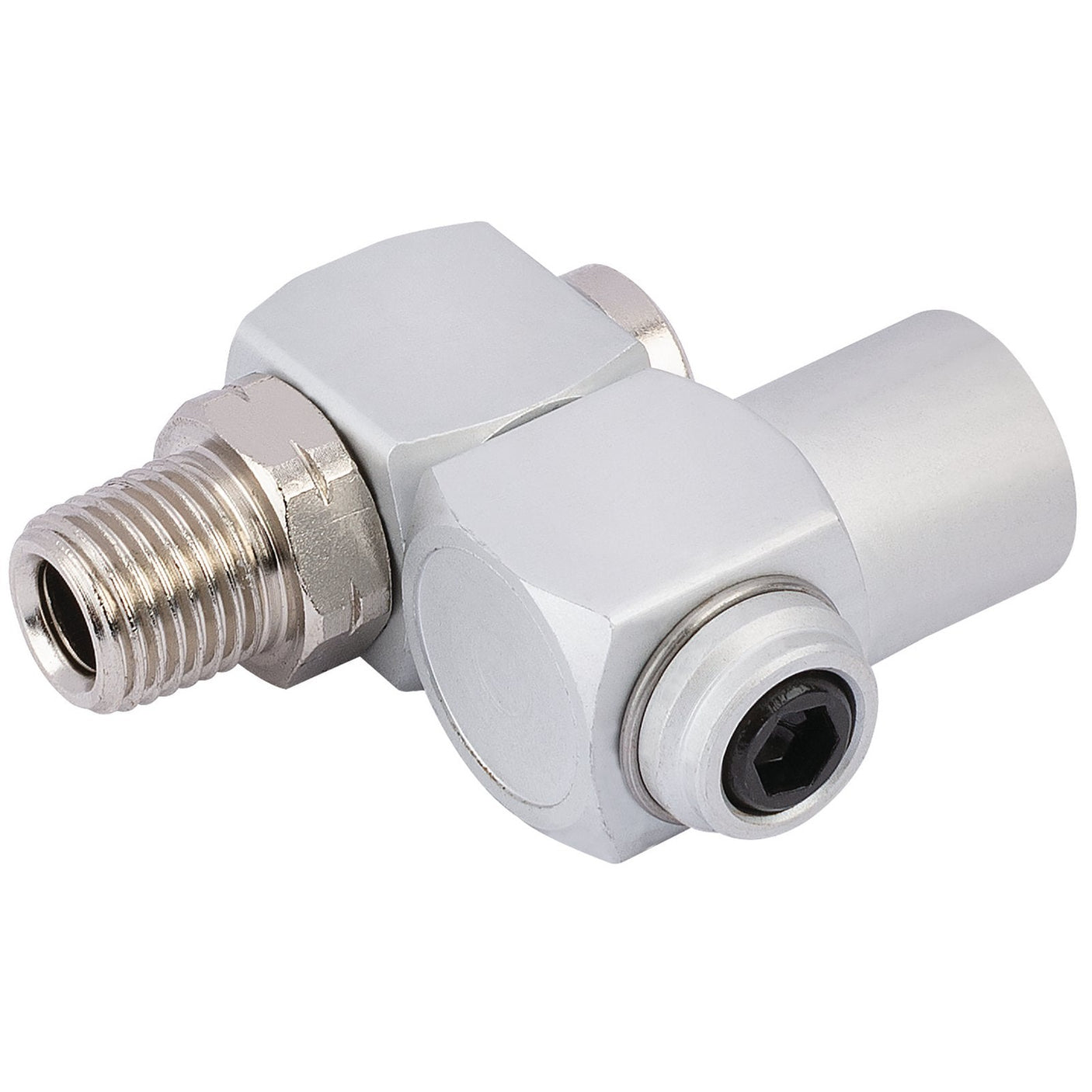 The Draper Swivel Connector, 1/4" - EAC, is a metal pneumatic fitting featuring two hexagonal connectors and threaded ends. Designed for use in fluid or gas systems, this reliable connector is constructed from durable aluminium and steel for dependable performance.