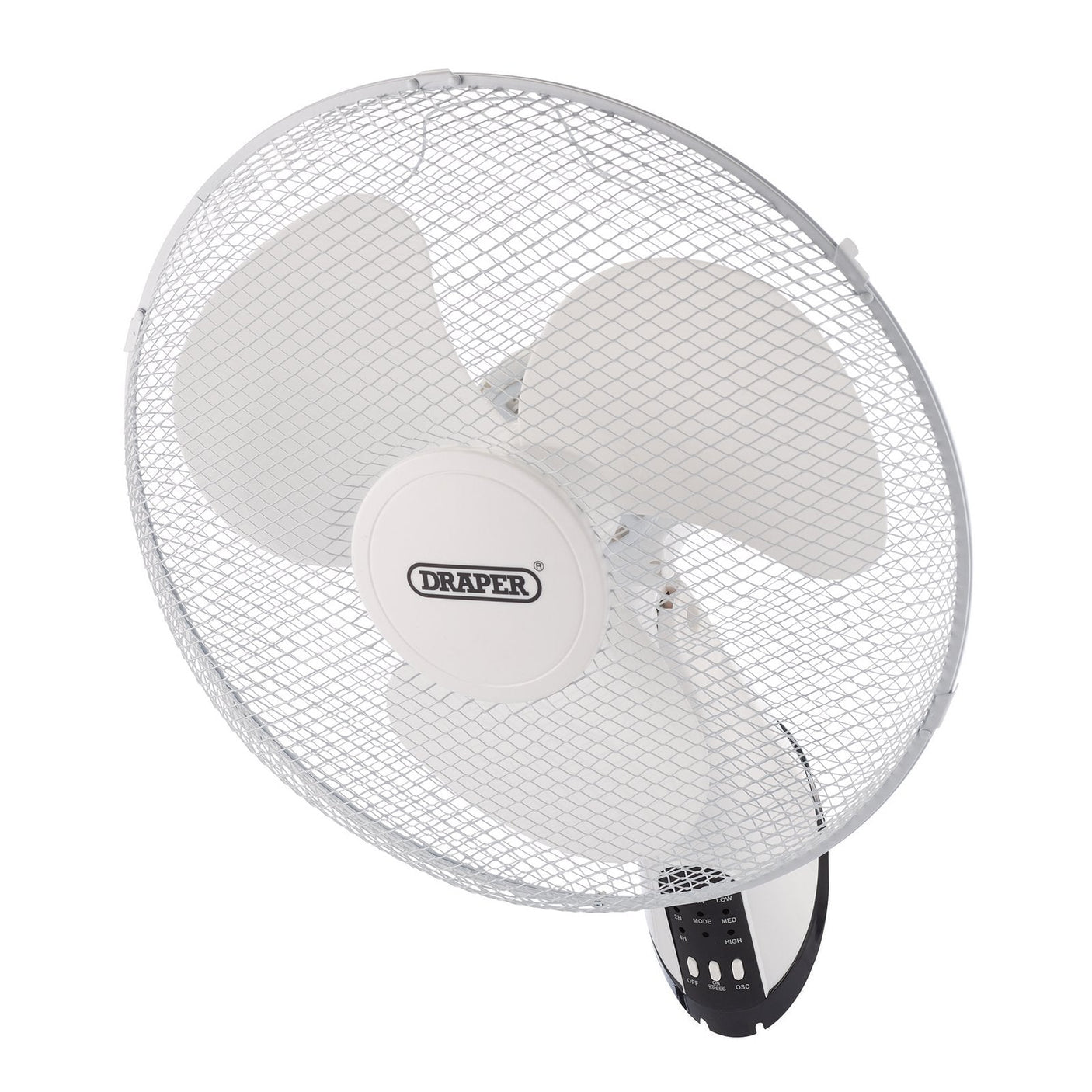 The Draper 230V Oscillating Wall Mounted Fan With Remote Control, featuring a white wire mesh cover and three oscillating blades inside, prominently displays the "Draper" brand name at the center.