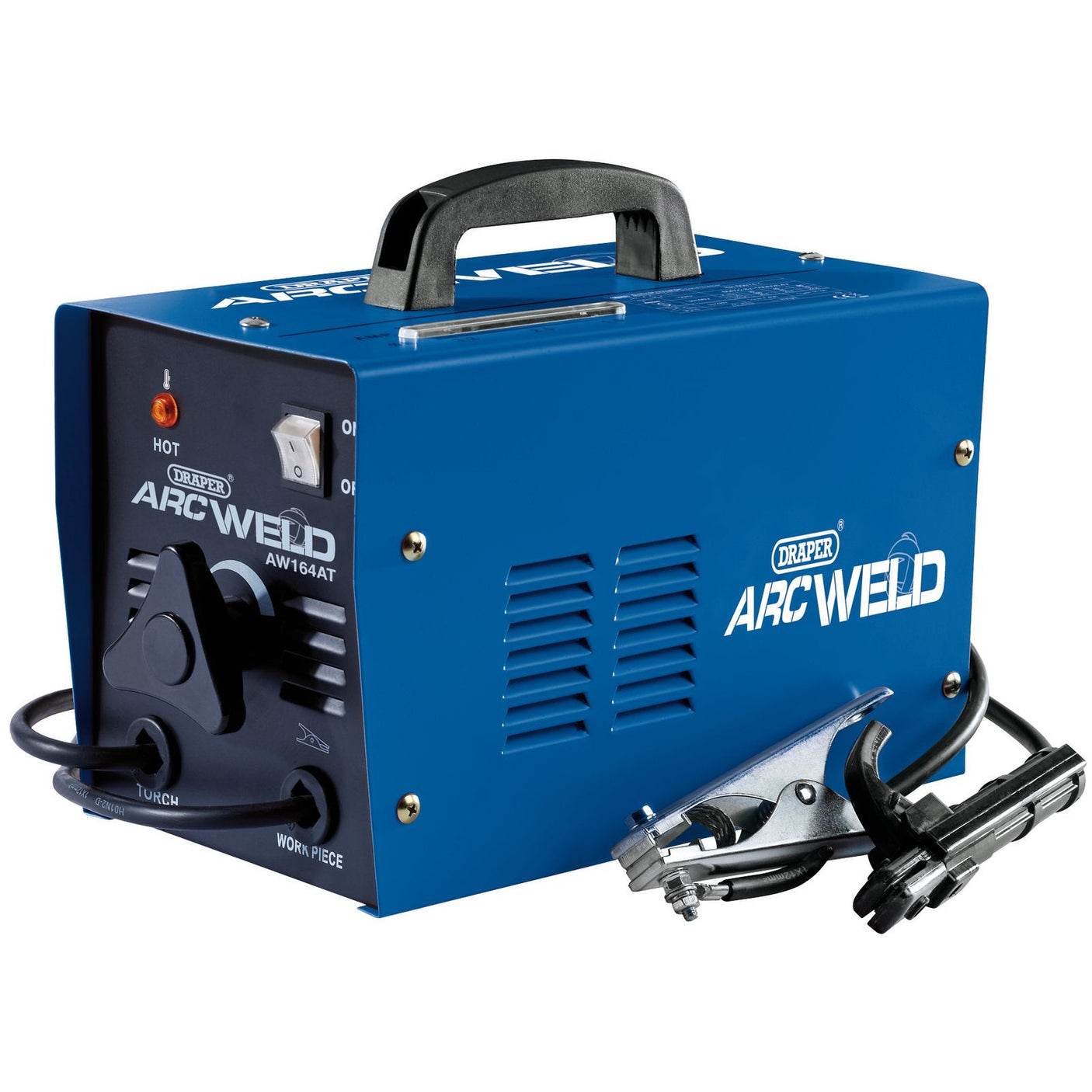 The Draper Arc Welder, 160A - AW164AT, is a blue welding machine featuring attached clamps and cables, a handle on top, and a power switch on the front panel. This portable unit also includes thermal overload protection for enhanced safety.