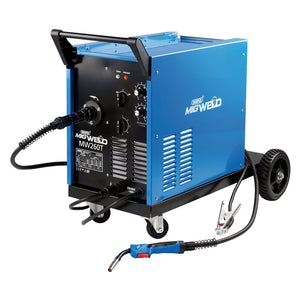 A blue Draper Gas/Gasless Mig Welder, 250A - MW260T, equipped with a Euro torch connection, featuring various controls, cables, and a welding gun, all mounted on wheels.