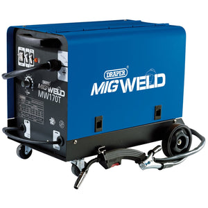 A compact blue Draper Gas/Gasless Mig Welder, 160A - MW170T from Draper with variable wire speed control, featuring control dials, power cords, a handle, and mounted on wheels.