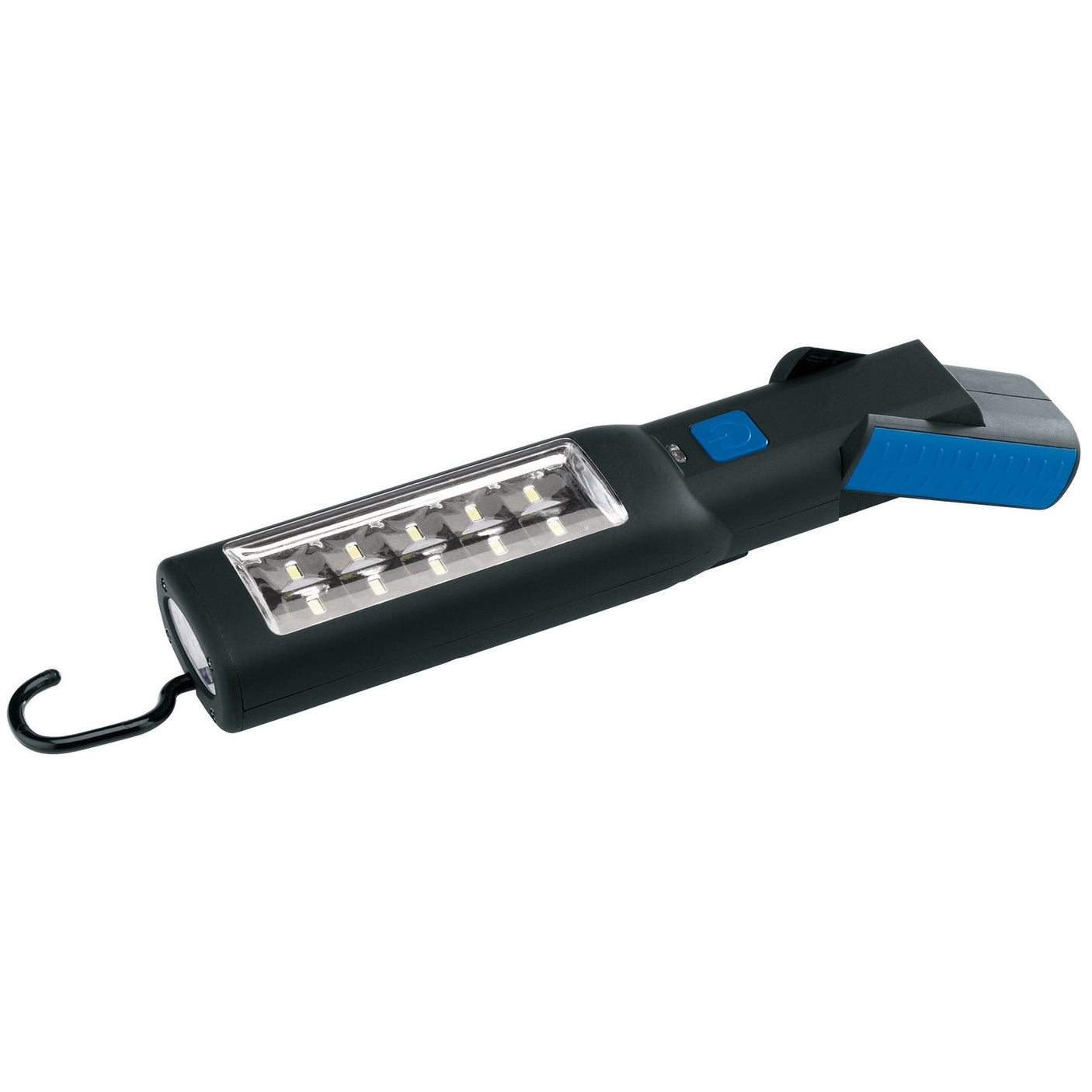 The Draper SMD LED Rechargeable Magnetic Inspection Lamp, 5W, 385 Lumens - RIL10 features a blue and black handle with a hook on one end. It utilizes advanced SMD LED technology for superior illumination and comes equipped with a rechargeable Li-ion battery along with a convenient 240V charger.