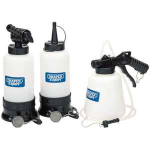 Three white sprayers from Draper Expert, featuring black bases and nozzles. One is the Draper Universal Brake Bleeding Kit - BBK3A, equipped with a spray gun and tubing; the other two sprayers have different nozzle types and foot pumps.