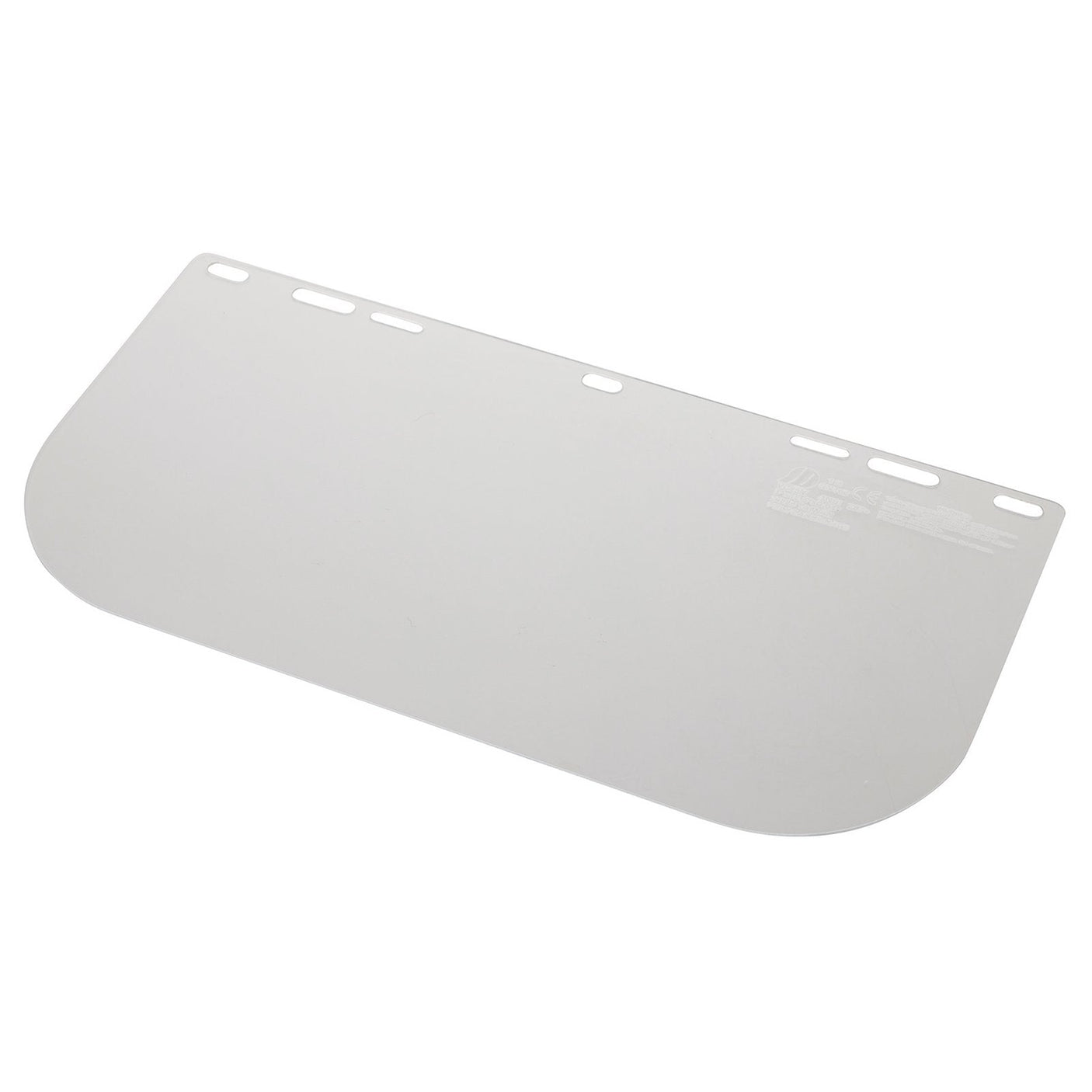 The Draper Spare Visor For Safety Helmet (Shemv) - SHEMV/SV is a transparent, rectangular face shield with rounded bottom corners and multiple slots along the top edge.