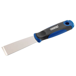 This image showcases the Draper Soft Grip Chisel Knife, 32mm - 4931S/SG, featuring a polished steel blade and a black and blue soft grip handle with a convenient hang hole.