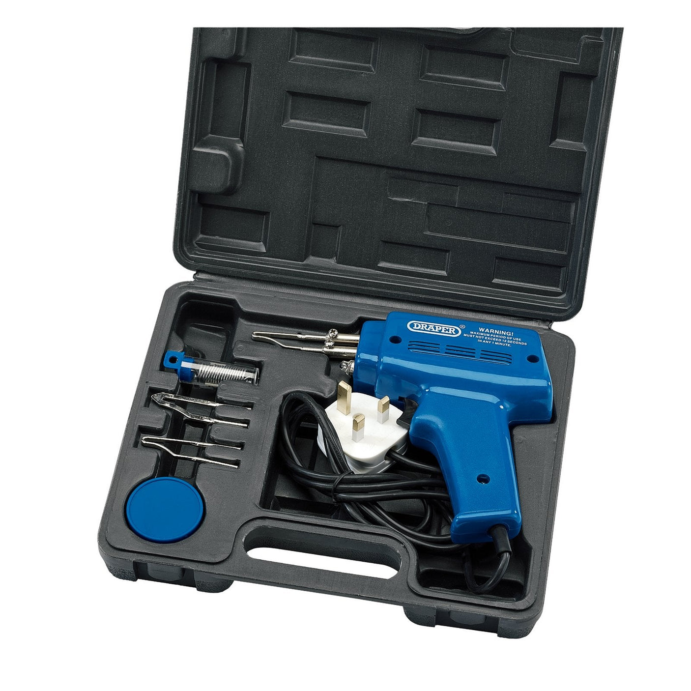 Introducing the Draper 230V Soldering Gun Kit, SG100. This blue soldering gun set includes a powerful 100W electric soldering gun and versatile attachments such as soldering tips, a coil of solder wire, and a cleaning sponge. All components are neatly stored in a durable gray plastic carrying case for easy transport. The kit also comes with spare tips and essential supplies like solder and flux, ensuring you're always prepared for any task.