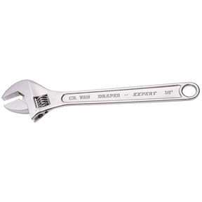 The Draper Crescent-Type Adjustable Wrench, 450mm, 52mm - 370CP features "Draper - Expert" engraved on the handle. It has mirror-polished jaws and is crafted from durable chrome vanadium steel. The tool includes a screw mechanism to adjust the jaw size and a circular hole at the end of the handle, typical of high-quality crescent-type wrenches.