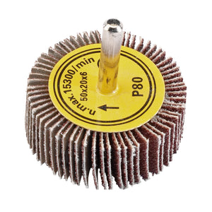 The Draper Abrasive Flap Wheel, 50 X 20mm, 80 Grit - PTAFW features a cylindrical design with a metal shank and a yellow label indicating "max 15300/min" and "P80" grit. It is perfect for power drills and ideal for stripping paint from contoured surfaces.