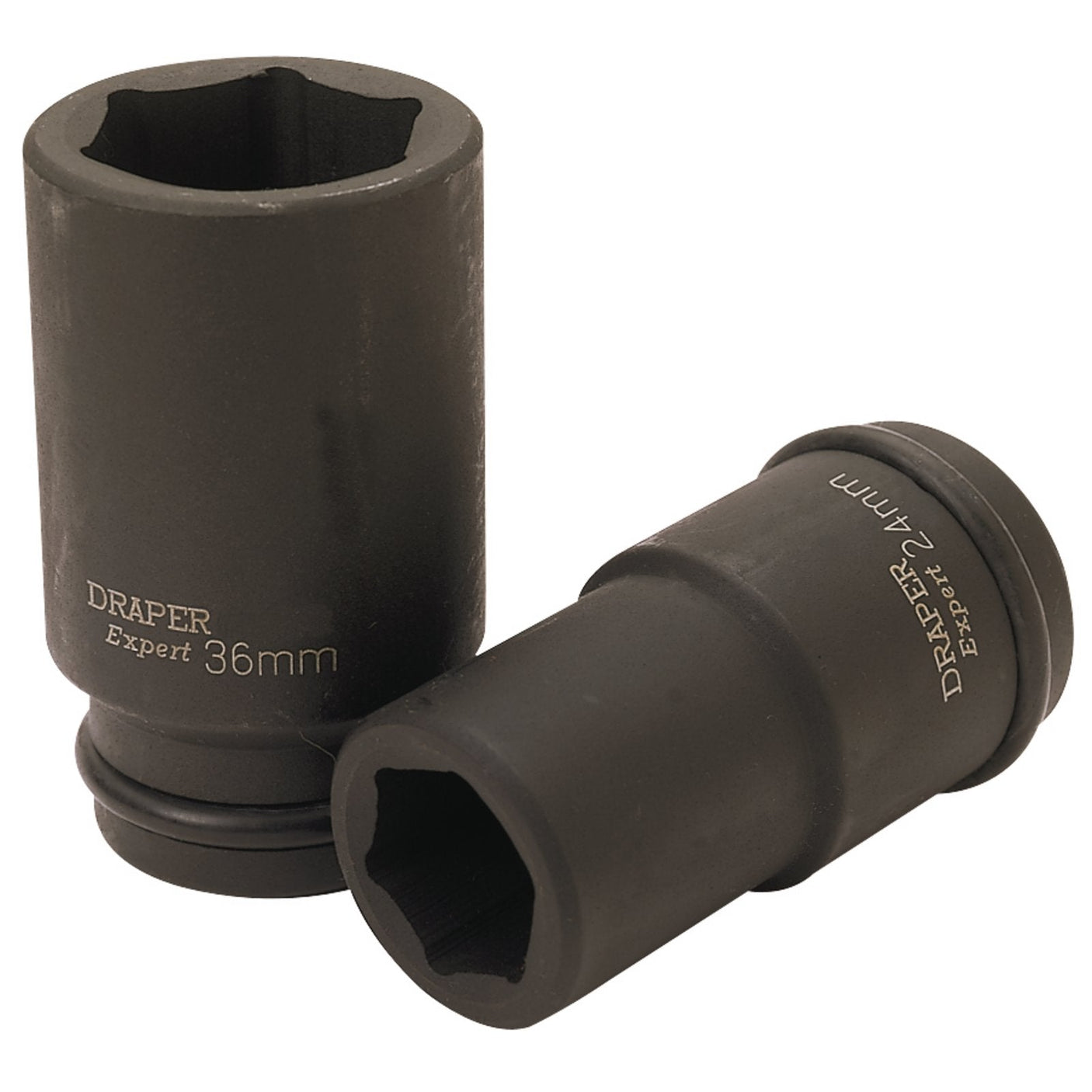 Two black Draper Expert Hi-Torq® 6 Point Deep Impact Sockets, one 36mm and the other marked as Draper Expert Hi-Torq® 6 Point Deep Impact Socket, 3/4" Sq. Dr., 24mm - 419D-MM, are positioned upright and on their side respectively. Perfect for vehicle maintenance.