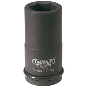 A black Draper Expert Hi-Torq® 6 Point Deep Impact Socket, 3/4" Sq. Dr., 27mm - 419D-MM with a hexagonal opening, designed for driving nuts and bolts, ideal for vehicle maintenance.