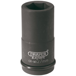 A black Draper Expert Hi-Torq® 6 Point Deep Impact Socket, 3/4" Sq. Dr., 27mm - 419D-MM with a hexagonal opening, designed for driving nuts and bolts, ideal for vehicle maintenance.