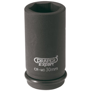 A Draper Expert Hi-Torq® 6 Point Deep Impact Socket, with a 3/4" square drive and 30mm size, black in color with white labeling—perfect for vehicle maintenance and various other tasks.