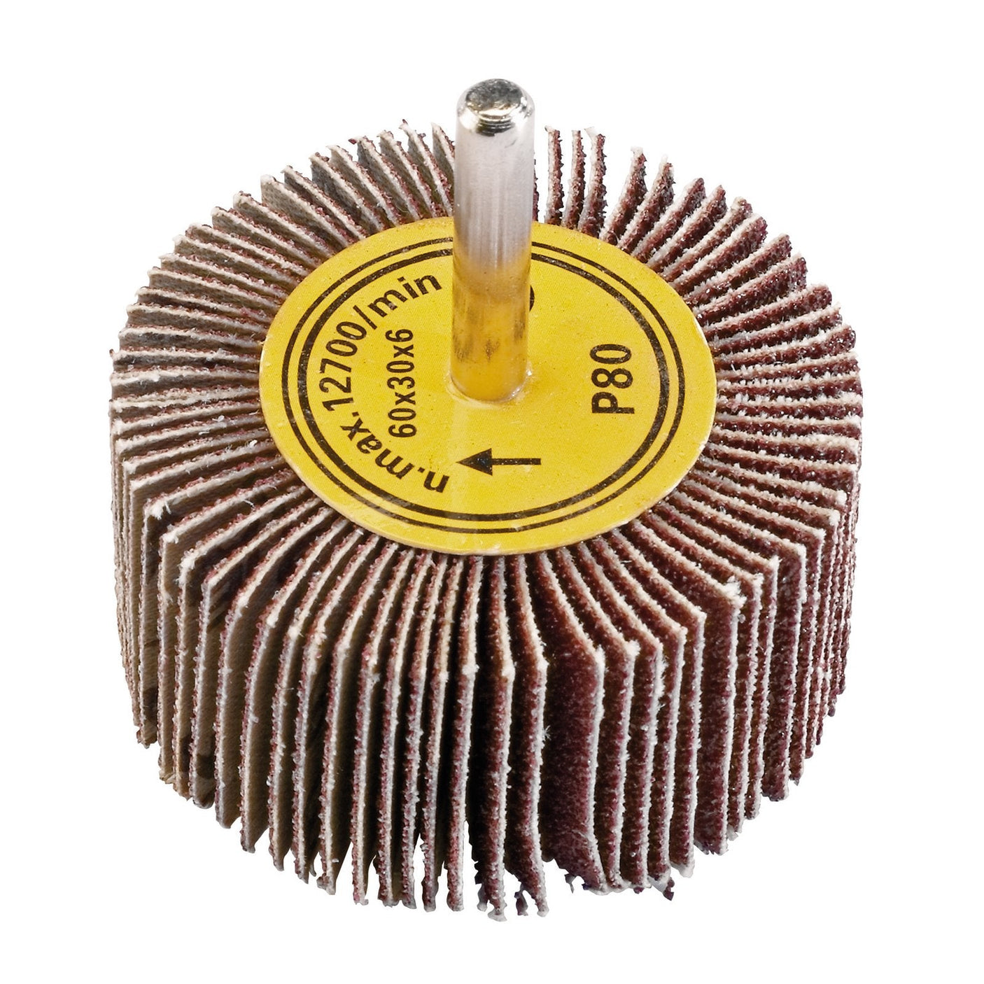 Image of a Draper Abrasive Flap Wheel, 60 X 30mm, 80 Grit - PTAFW60, featuring a central metal rod and labeled "P80" and "max: 12700/min". The wheel's flaps are arranged radially around the rod, making it perfect for attaching to power drills to efficiently strip paint.