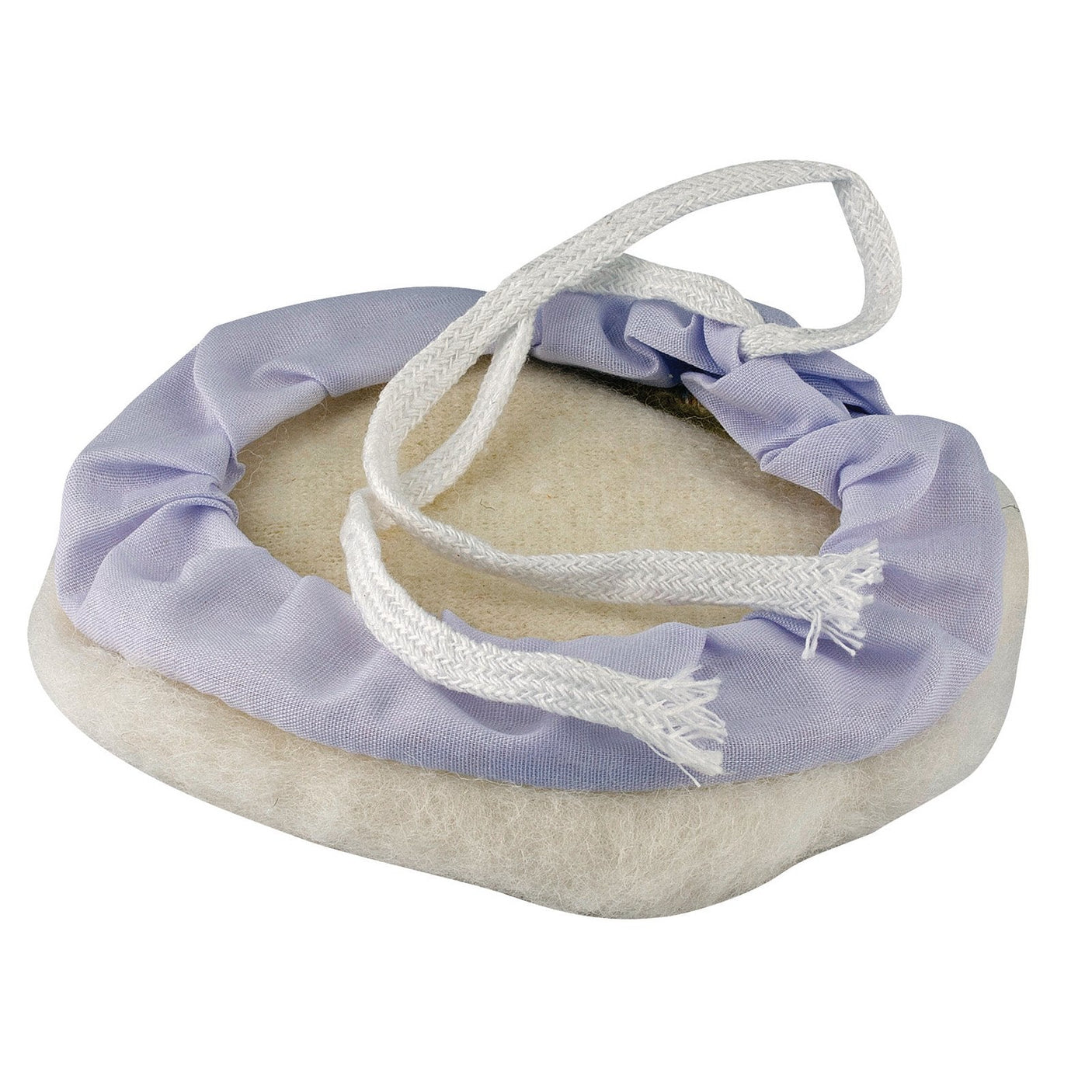 A lavender-colored fabric shower cap with a white drawstring, perfect for protecting hairstyles while using Draper Lambs Wool Polishing Bonnets, 125mm - PTAPB.