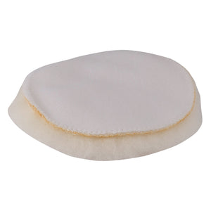 The Draper Hook And Loop Lambs Wool Polishing Bonnets (PTAPBHL), a round, white polishing pad with a yellow inner layer and stitched edges, are perfect for use with 125mm polishing machines.