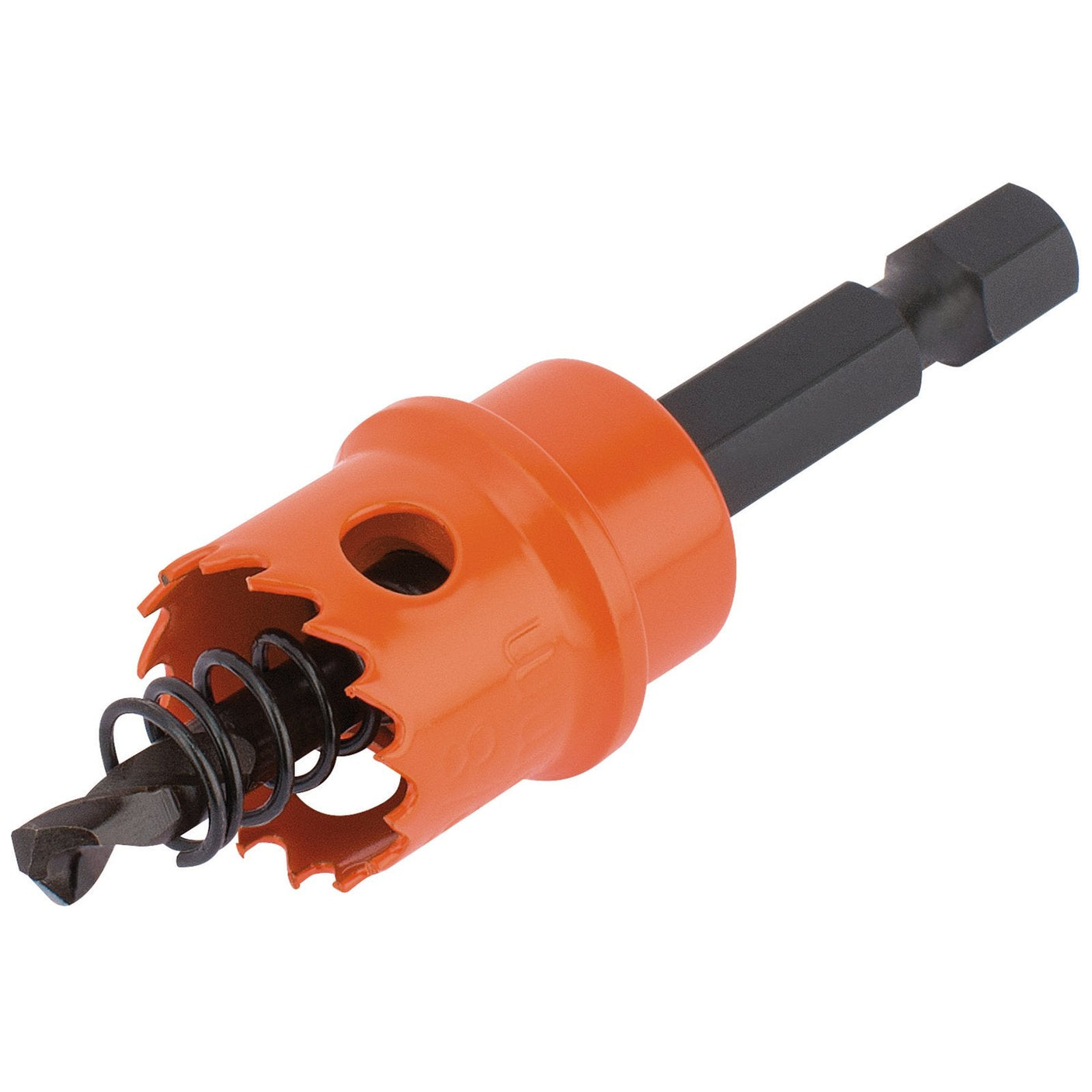 The Draper Bi-Metal Hole Saw With Integrated Arbor, 16mm - HHSP features an orange body and a black pilot drill bit, securely attached to a durable hex shank for optimal performance.