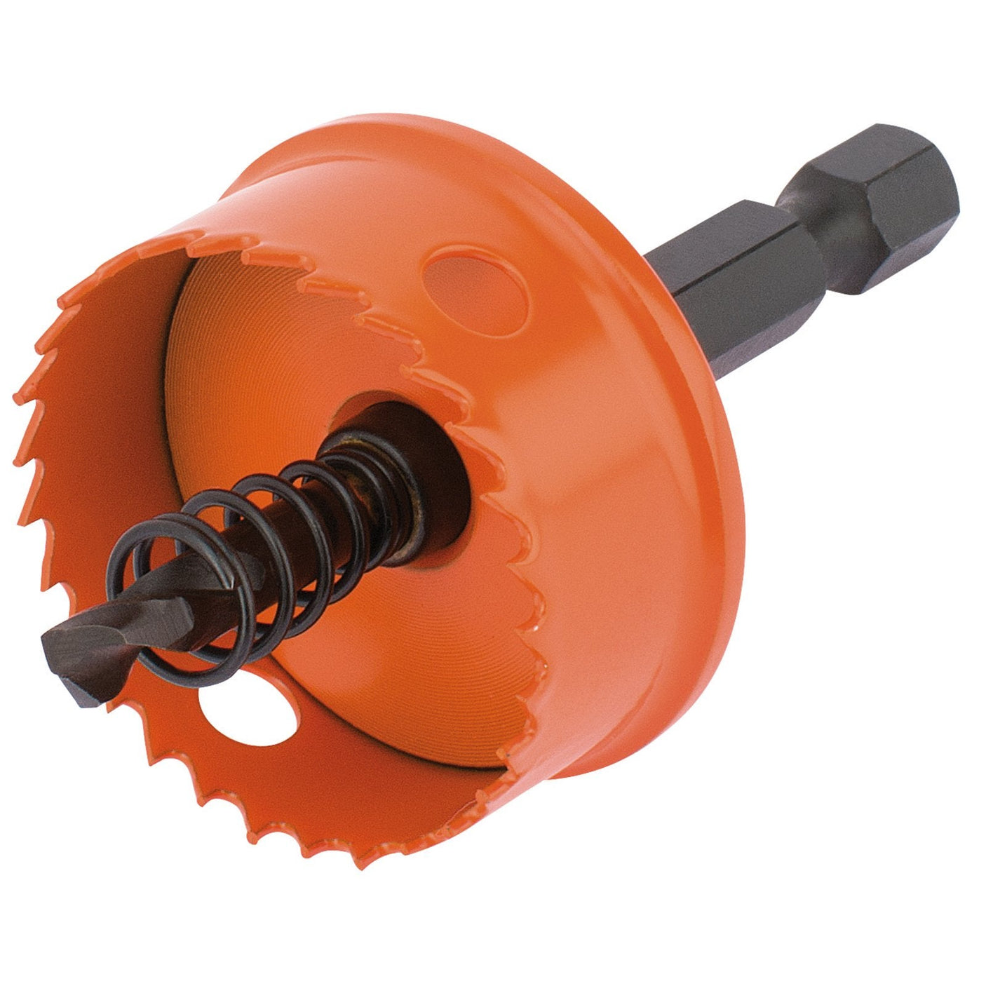 The Draper Bi-Metal Hole Saw With Integrated Arbor, 30mm - HHSP, is an orange hole saw drill bit equipped with a bi-metal cutting edge. It features a black center guide bit and spring, specifically designed for cutting circular holes in materials such as sheet steel.