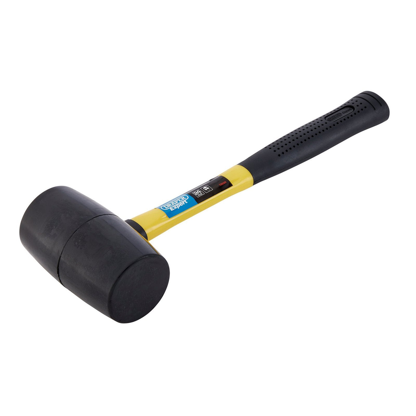 A Draper Rubber Mallet With Fibreglass Shaft (680G/24Oz, RM750FG), featuring a black rubber head and yellow handle with a shock-absorbing rubber grip, placed at an angle on a white background.