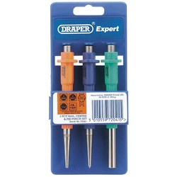 A package of three Draper Nailset pieces, including a centre punch and pin punch, from the Draper brand, in orange, blue, and green colors made from durable chrome vanadium steel and displayed in a blue plastic holder with a barcode at the bottom.