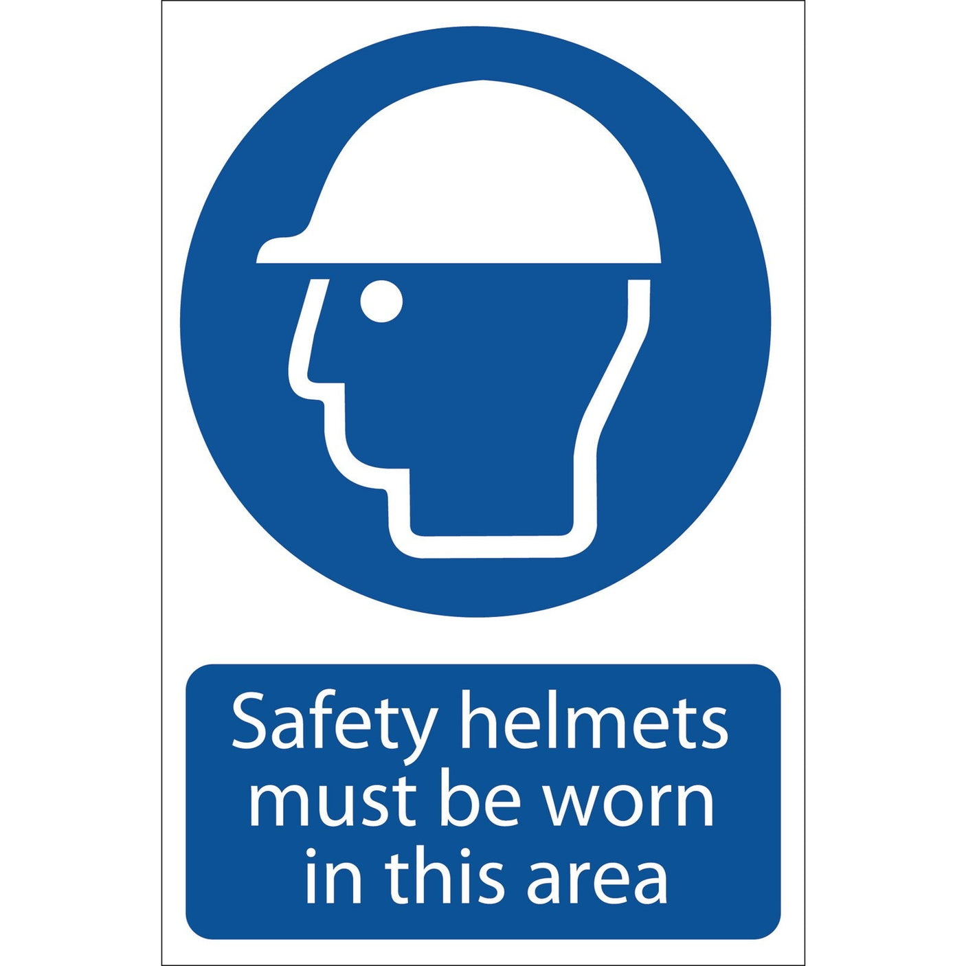 Draper Safety Sign - SS01, featuring a white helmet icon on a blue circle and the text "Safety helmets must be worn in this area," is printed using UV resistant ink for durability and adheres to the BS5499 Standard.