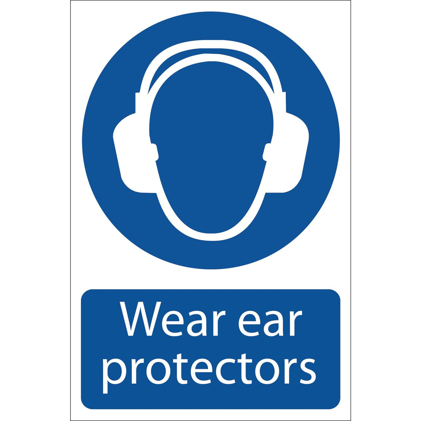 The Draper Ear Protectors - SS02 is a blue and white safety sign made from UV-resistant PVC, featuring an illustration of a head wearing ear protectors and the text "Wear ear protectors" below.