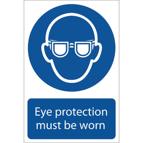 The Draper Eye Protection Mandatory Sign (SS03), measuring 200 x 300mm, features a blue and white design with an icon of a person wearing safety glasses and the text: "Eye protection must be worn." Crafted with UV-resistant ink on durable PVC, it includes a strong adhesive for secure placement.