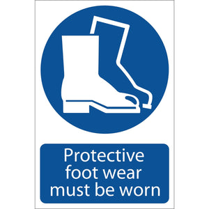 The Draper Protective Footwear - SS04, a blue PVC sign with white icons of a work boot overlay and the text "Protective foot wear must be worn," is printed with UV resistant ink and meets BS5499 Standard requirements.