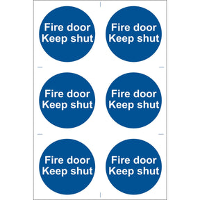 Six Draper Fire Door Keep Shut' Mandatory Signs in blue circular PVC with white text, printed using UV-resistant ink and compliant with BS5499 Standard (Pack Of 6) - SS07.