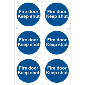 Six Draper Fire Door Keep Shut' Mandatory Signs in blue circular PVC with white text, printed using UV-resistant ink and compliant with BS5499 Standard (Pack Of 6) - SS07.