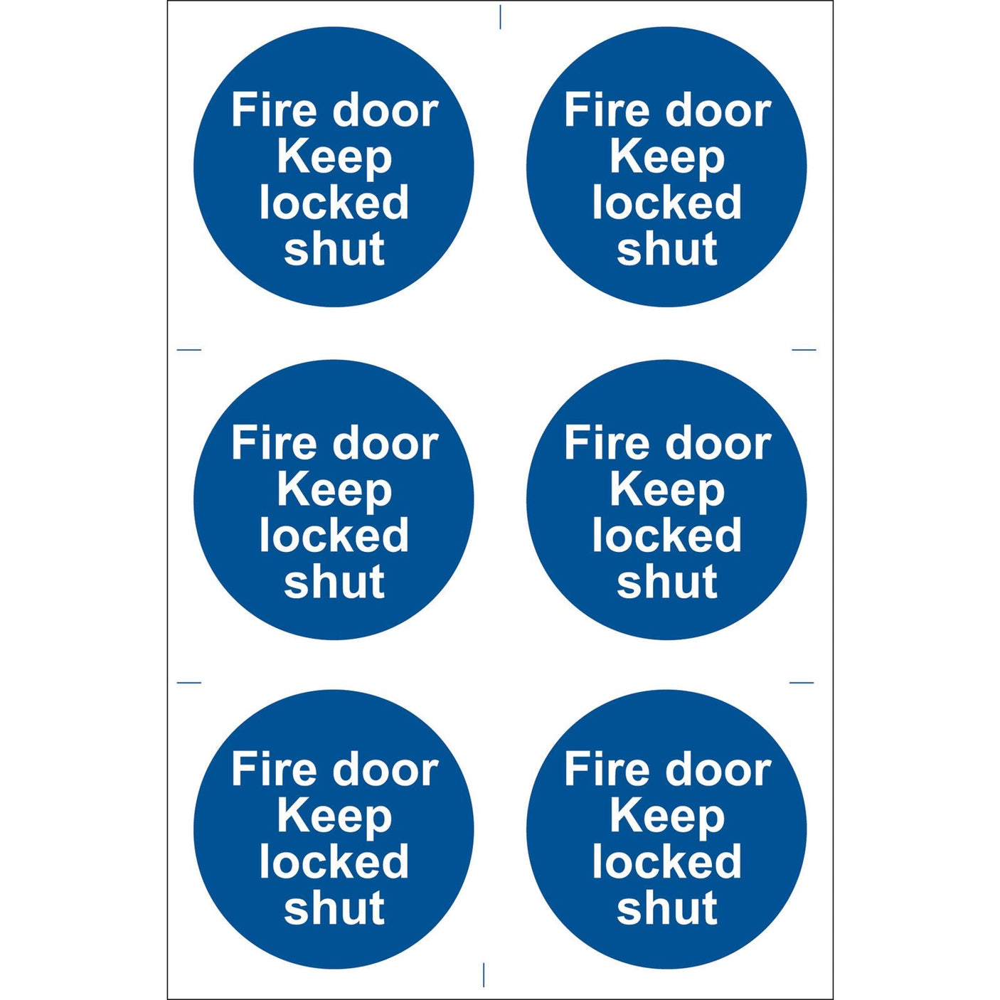 A pack of six blue circular stickers from Draper, known as the "Draper Fire Door Keep Locked' Mandatory Sign (Pack Of 6) - SS08." These durable PVC adhesive stickers feature white text stating "Fire door Keep locked shut," ensuring compliance with the BS5499 Standard. The stickers are printed with UV-resistant ink for long-lasting visibility.