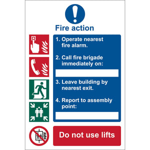 Introducing the Draper Fire Action Procedure' Mandatory Sign, 200 X 300mm, Design 1 - SS10. This fire action sign provides clear instructions: 
1. Operate nearest fire alarm. 
2. Call fire brigade.
3. Leave building by nearest exit.
4. Report to assembly point.
Made from UV resistant PVC with adhesive backing, this sign also includes an important "Do not use lifts" notice for added safety.