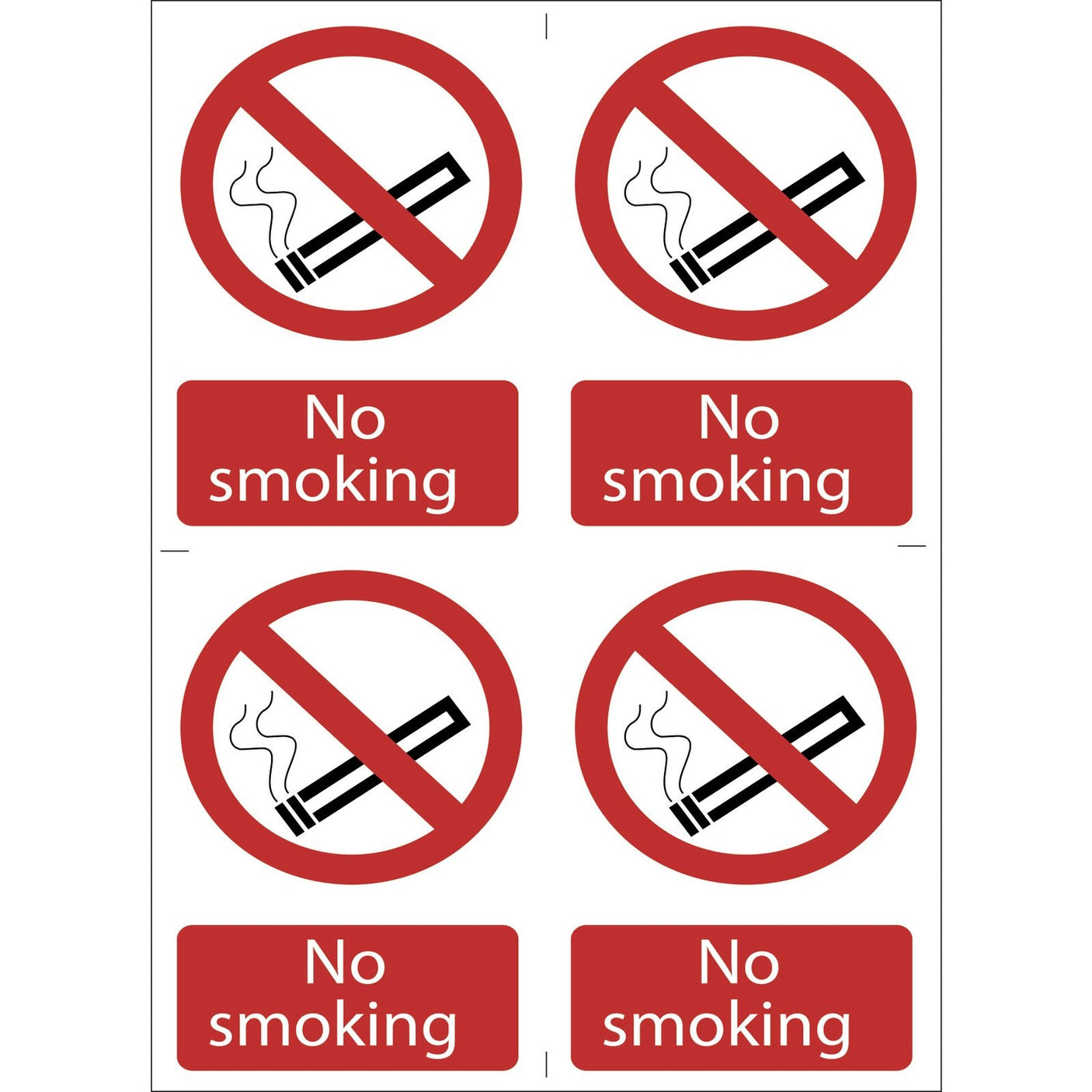 A sheet containing four Draper No Smoking' Prohibition Signs (Pack Of 4) - SS16, featuring a red circle and diagonal line over a lit cigarette icon, made from UV-resistant PVC material.