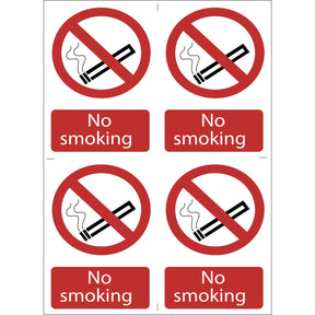 A sheet containing four Draper No Smoking' Prohibition Signs (Pack Of 4) - SS16, featuring a red circle and diagonal line over a lit cigarette icon, made from UV-resistant PVC material.