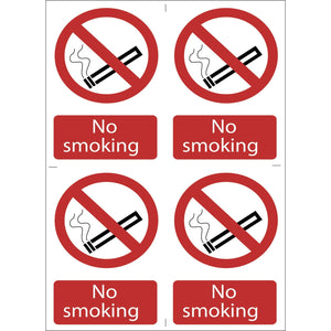 A sheet containing four Draper No Smoking' Prohibition Signs (Pack Of 4) - SS16, featuring a red circle and diagonal line over a lit cigarette icon, made from UV-resistant PVC material.