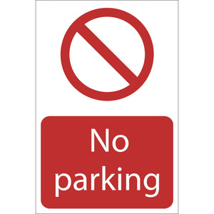 The Draper No Parking' Prohibition Sign (200 x 300mm - SS19) features a white sign with a red circle and slash above the words "No parking" in white on a red background. It is made from UV resistant PVC for enhanced durability.