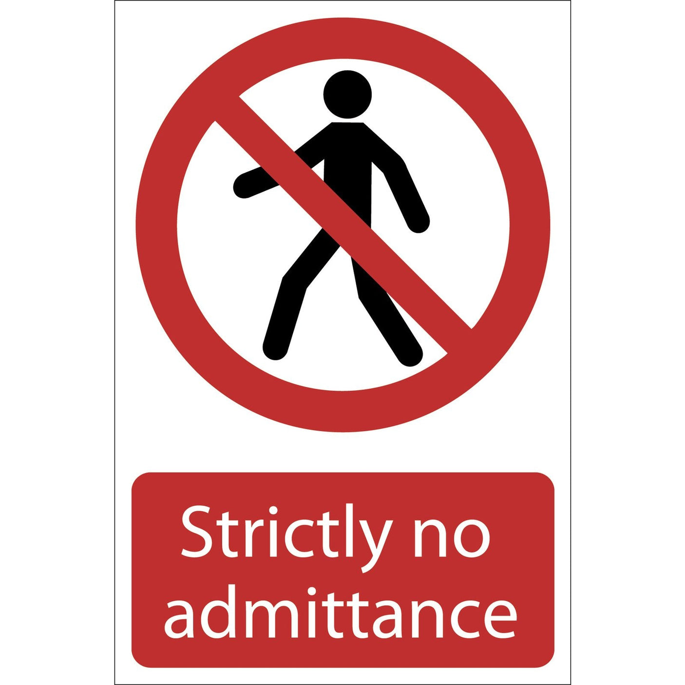 The Draper No Admittance' Prohibition Sign, 200 x 300mm - SS20, features a red circle and slash over a walking person icon with "Strictly no admittance" below. Made from UV-resistant PVC, it includes a strong adhesive for secure placement.