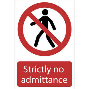 The Draper No Admittance' Prohibition Sign, 200 x 300mm - SS20, features a red circle and slash over a walking person icon with "Strictly no admittance" below. Made from UV-resistant PVC, it includes a strong adhesive for secure placement.