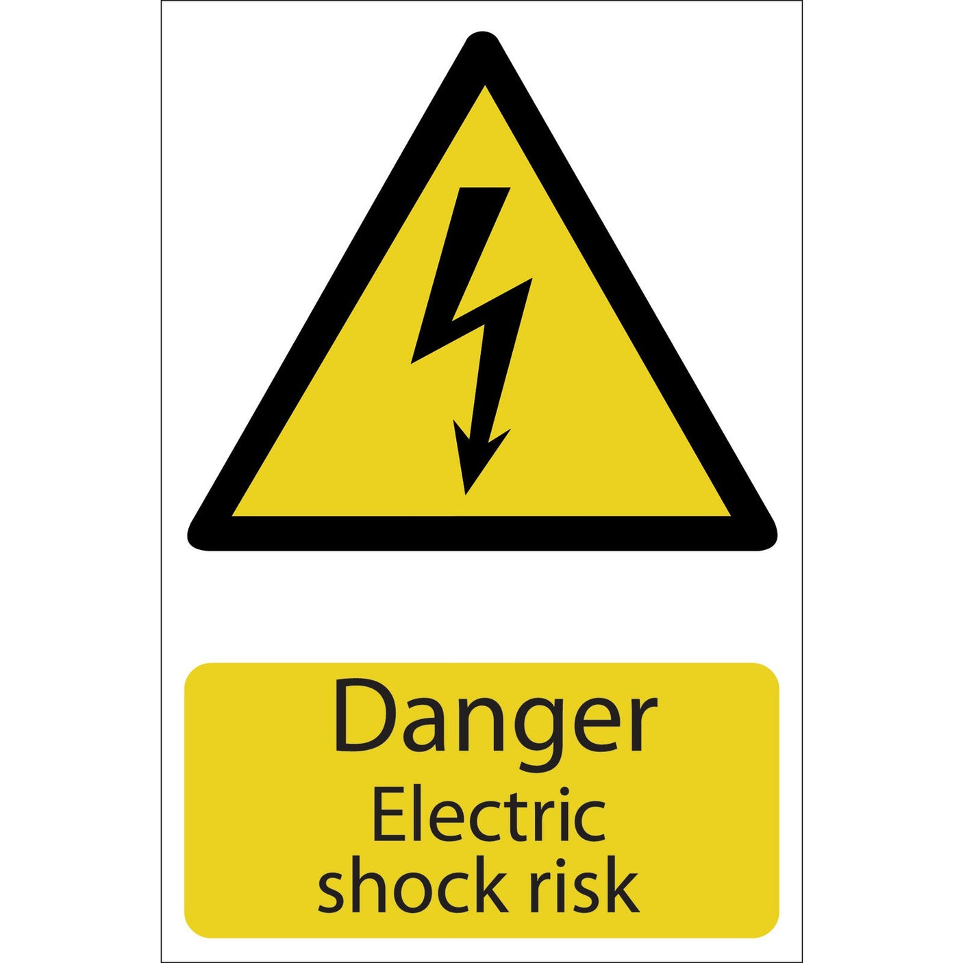 Introducing the Draper Danger Electric Shock - SS21: A yellow triangular warning sign featuring a black lightning bolt symbol above the text "Danger Electric shock risk," crafted using UV resistant ink.