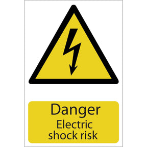 Introducing the Draper Danger Electric Shock - SS21: A yellow triangular warning sign featuring a black lightning bolt symbol above the text "Danger Electric shock risk," crafted using UV resistant ink.