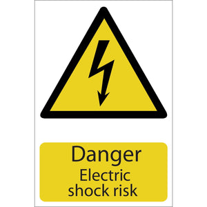 Introducing the Draper Danger Electric Shock - SS21: A yellow triangular warning sign featuring a black lightning bolt symbol above the text "Danger Electric shock risk," crafted using UV resistant ink.