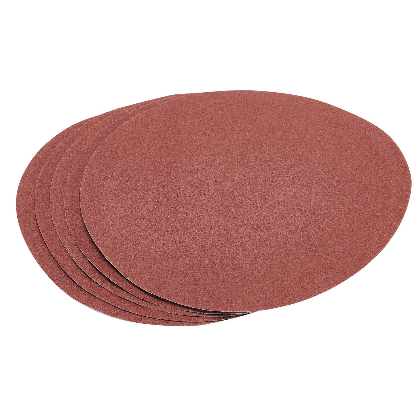 A pack of five Draper Hook And Eye Backed Aluminium Oxide, 230mm, 120 Grit (ARDS) sandpaper discs, ideal for hand radial sanders, is arranged in a slightly fanned out manner against a white background. These round discs feature a red-brown hue and hook and loop backing.