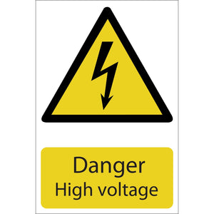 The Draper Danger High Voltage - SS22 is a yellow triangular warning sign featuring a black lightning bolt and the text "Danger High Voltage" below it. It is made from UV-resistant PVC and complies with the BS5499 Standard.