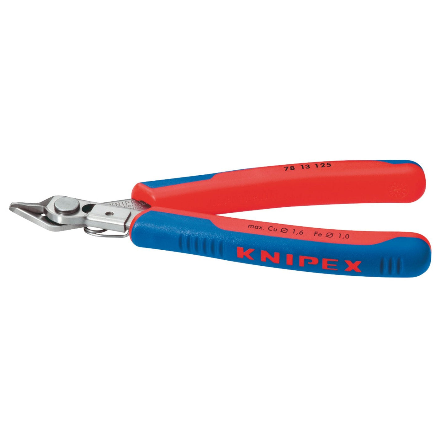 A pair of Draper Knipex 78 13 125 SBE Electronics Super-Knips pliers, measuring 125mm, with red and blue handles, featuring precision cutting edges and professional quality INOX stainless steel for superior durability.