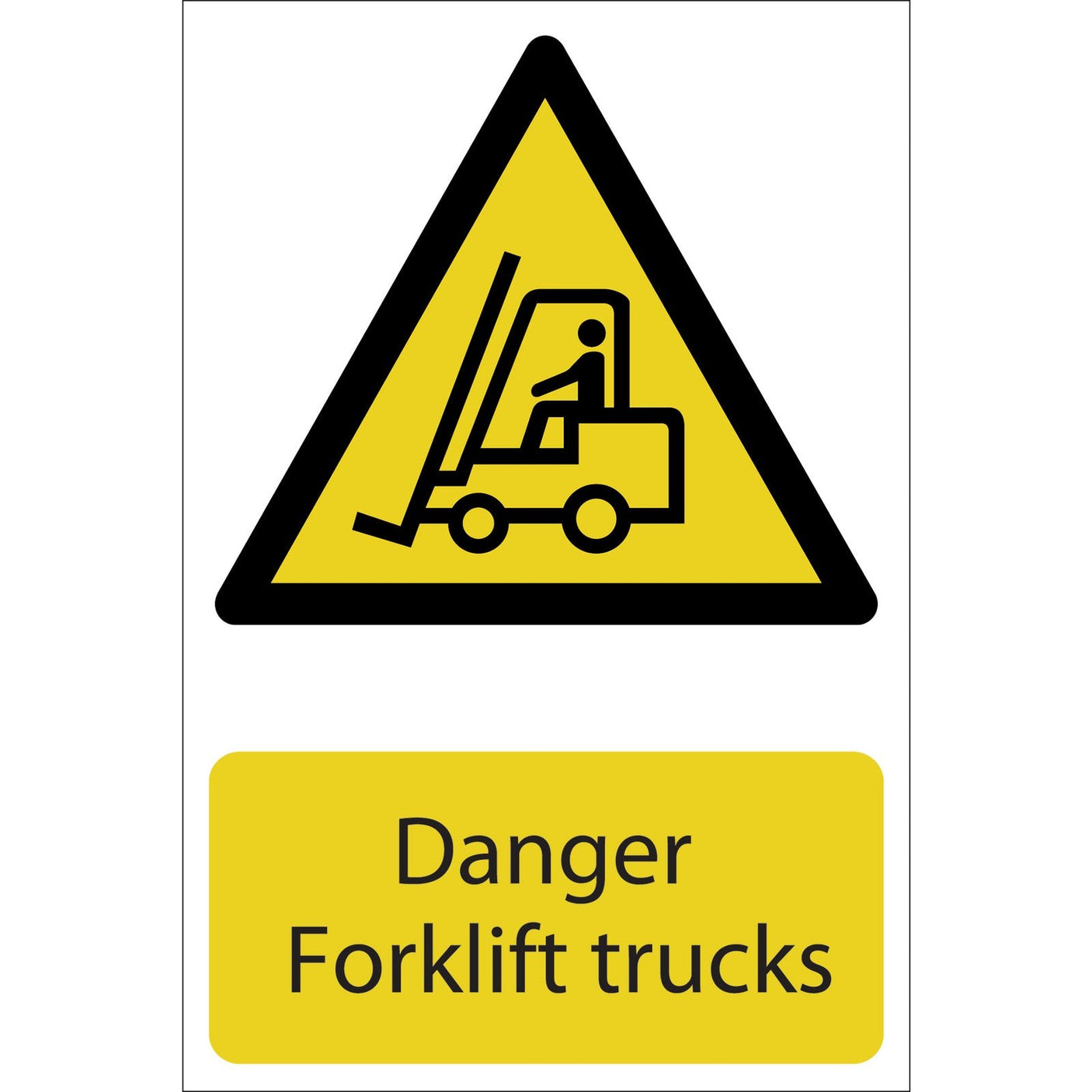 Draper's Danger Forklift Trucks - SS24 sign features a yellow triangular warning sign depicting an image of a forklift and driver, along with a rectangular yellow sign that reads "Danger Forklift trucks." Crafted from durable PVC with strong adhesive and printed using UV-resistant ink, this product ensures long-lasting visibility.